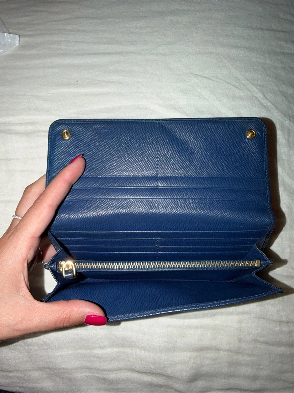 Prada Navy Saffiano Leather Continental Wallet with Gold Logo